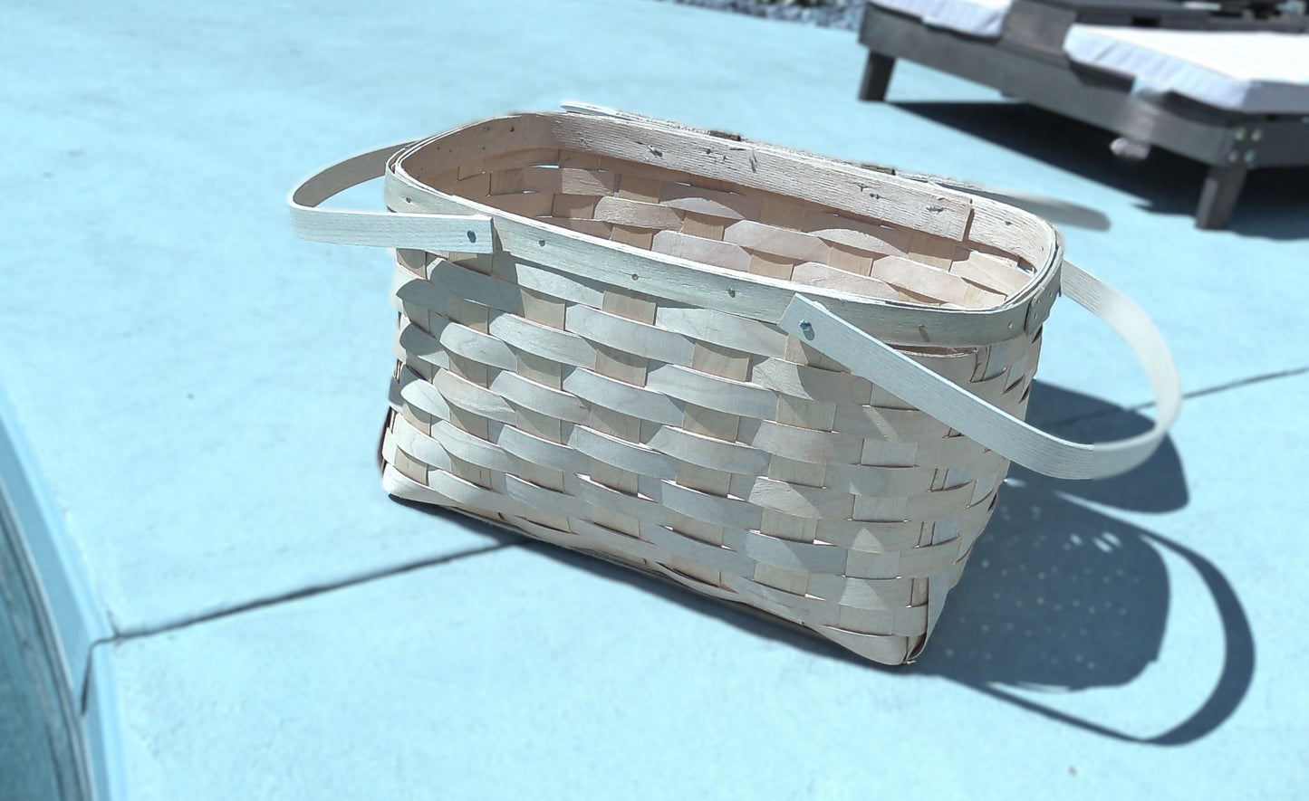 large picnic basket family outdoor picnic open top folding handles, wooden weave made in USA for outdoor by pool or park