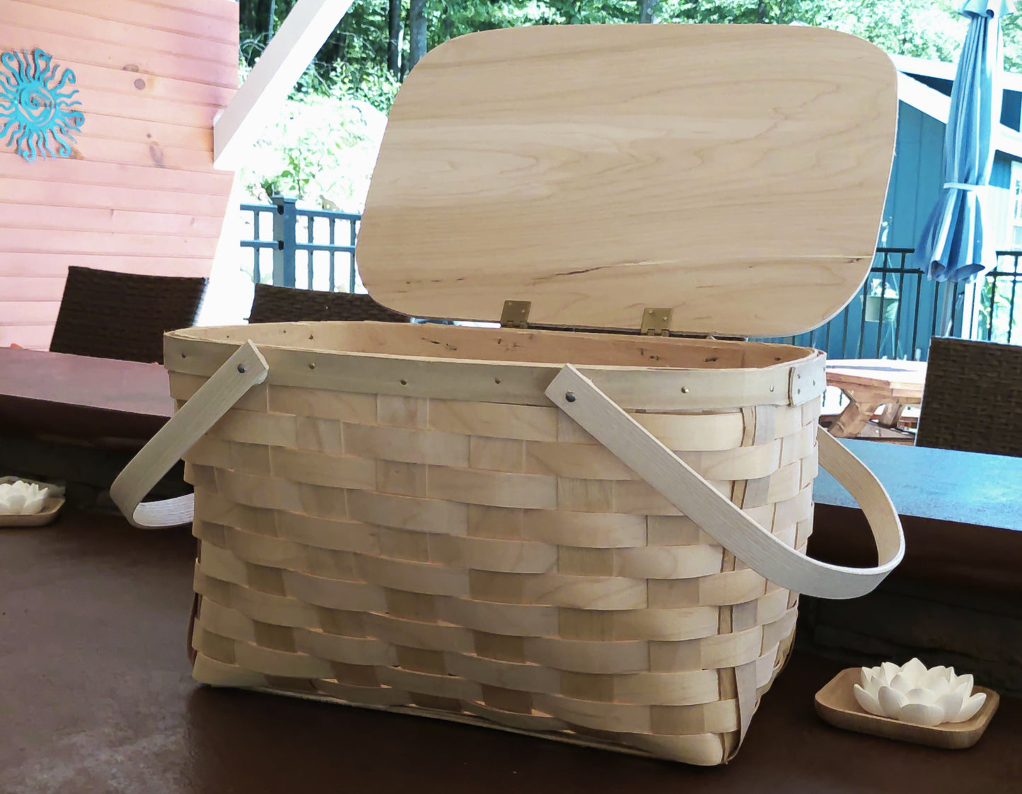 large wood weave picnic basket 2 folding handles and one open top