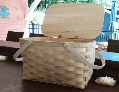 large wood weave picnic basket 2 folding handles and one open top